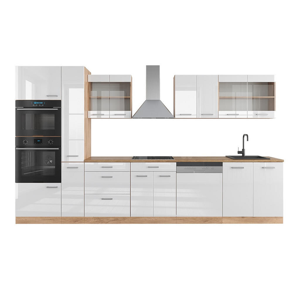 Vicco KUCHYŇSKÝ KOUT R-Line Bílý vysoký lesk/zlatý dub power 350 cm s vysokou skříní, PD Dub