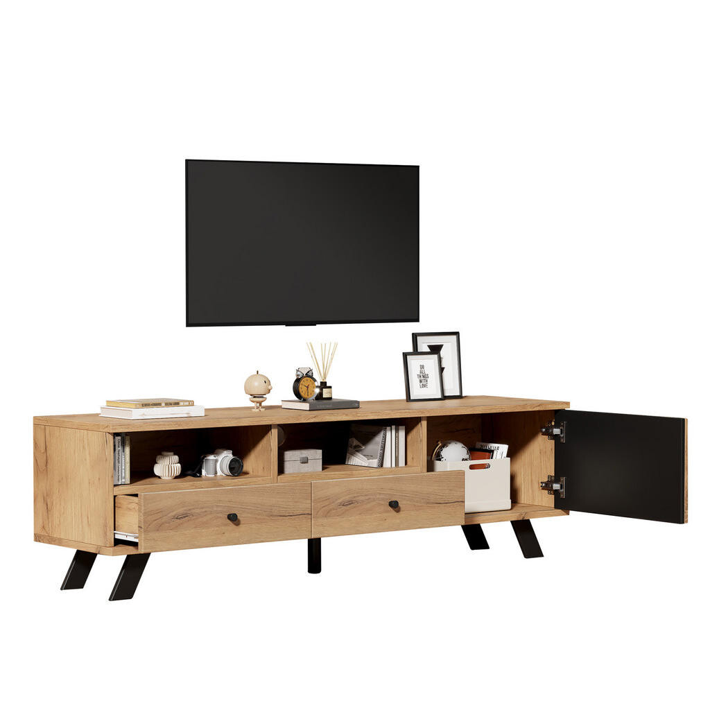 OKWISH TV stolek 150/38/44 cm přírodní dřevo z dřevotřísky s úložným prostorem a kabelovým vedením