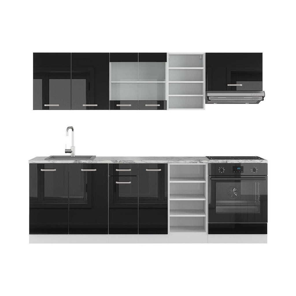 Vicco KUCHYŇSKÝ KOUT R-Line Černý vysoký lesk/bílá 240 cm s pracovní deskou