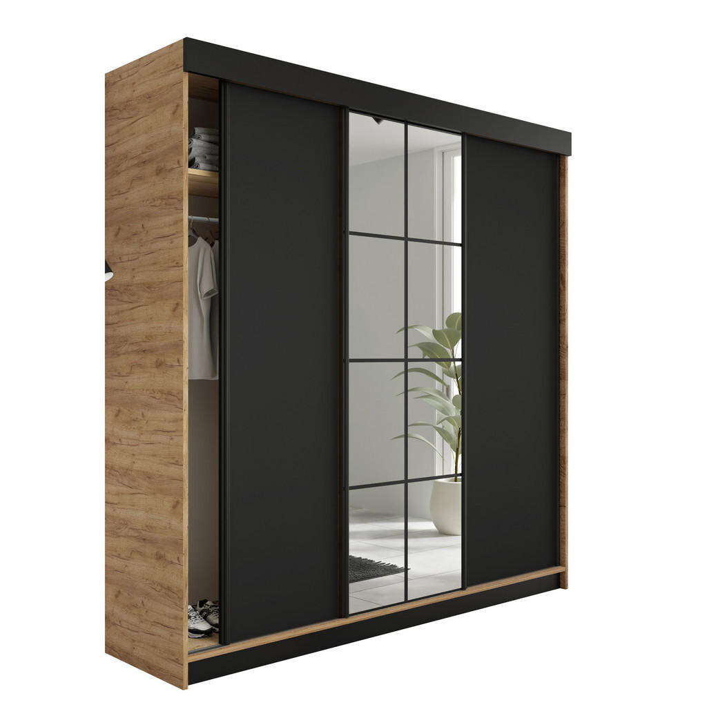 Kier Furniture POSUVNÁ ŠATNÍ SKŘÍŇ LAMARO - 200x205x59cm - Dub Craft & Černá