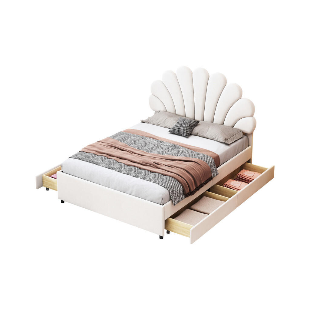 OKWISH ČALOUNĚNÁ postel 140/200 cm béžová ze sametu se květinovým čelem a 4 zásuvkami