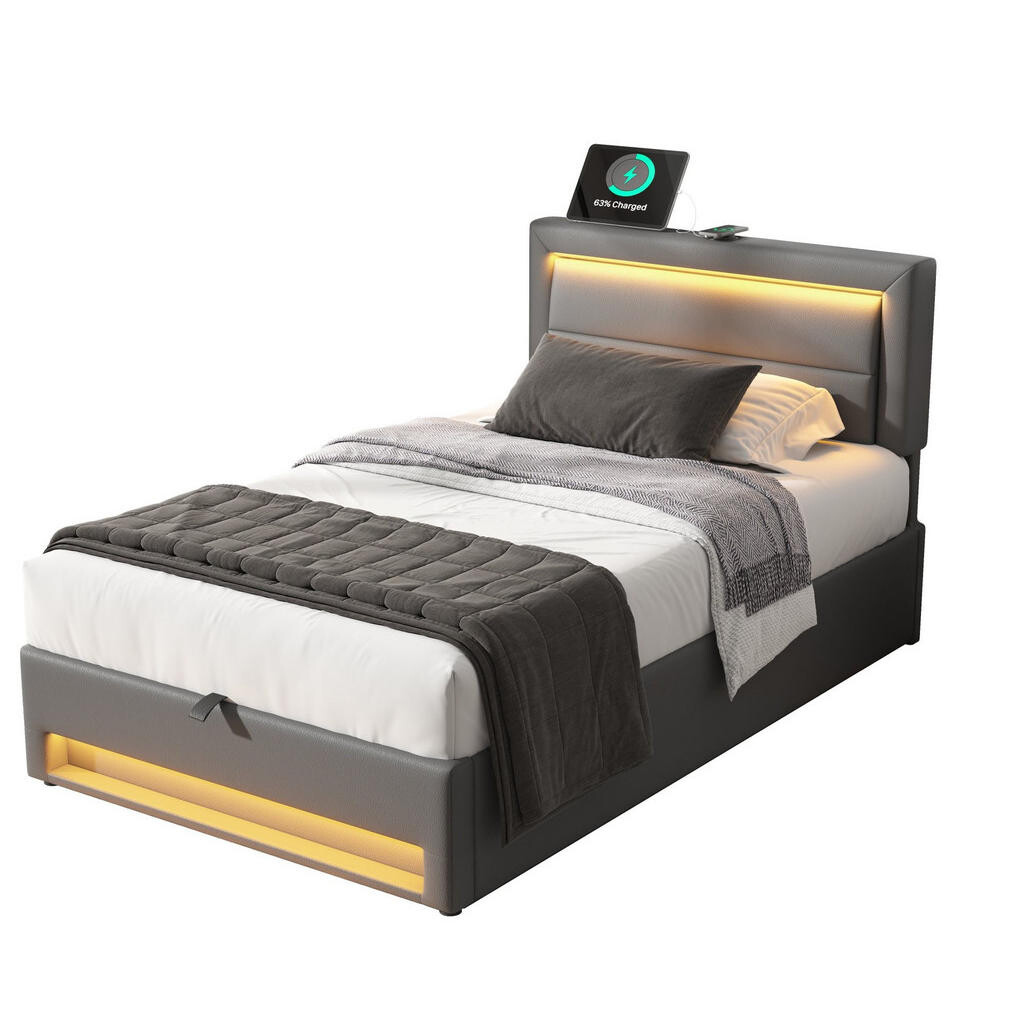 OKWISH ČALOUNĚNÁ postel 90/190 cm šedá z PU s LED osvětlením USB nabíjením a úložným prostorem