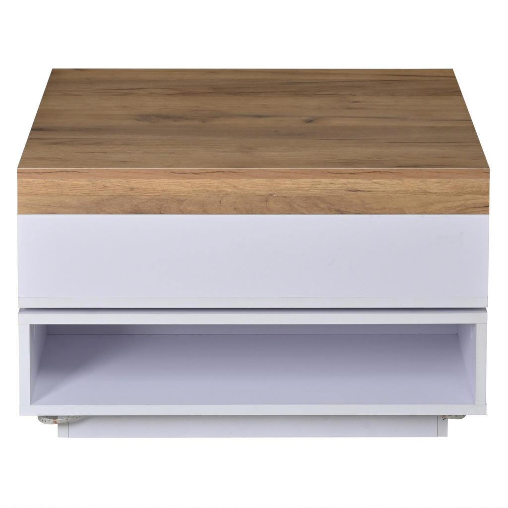 OKWISH KONFERENČNÍ stolek 65/65/40 cm bílá a dubový dekor z MDF s LED a otočnou deskou