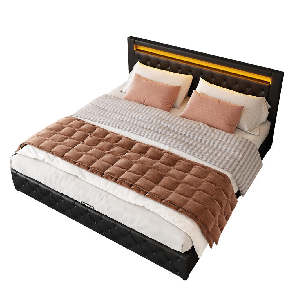 OKWISH ČALOUNĚNÁ postel 180/200 cm černá z PU s LED osvětlením a úložným prostorem