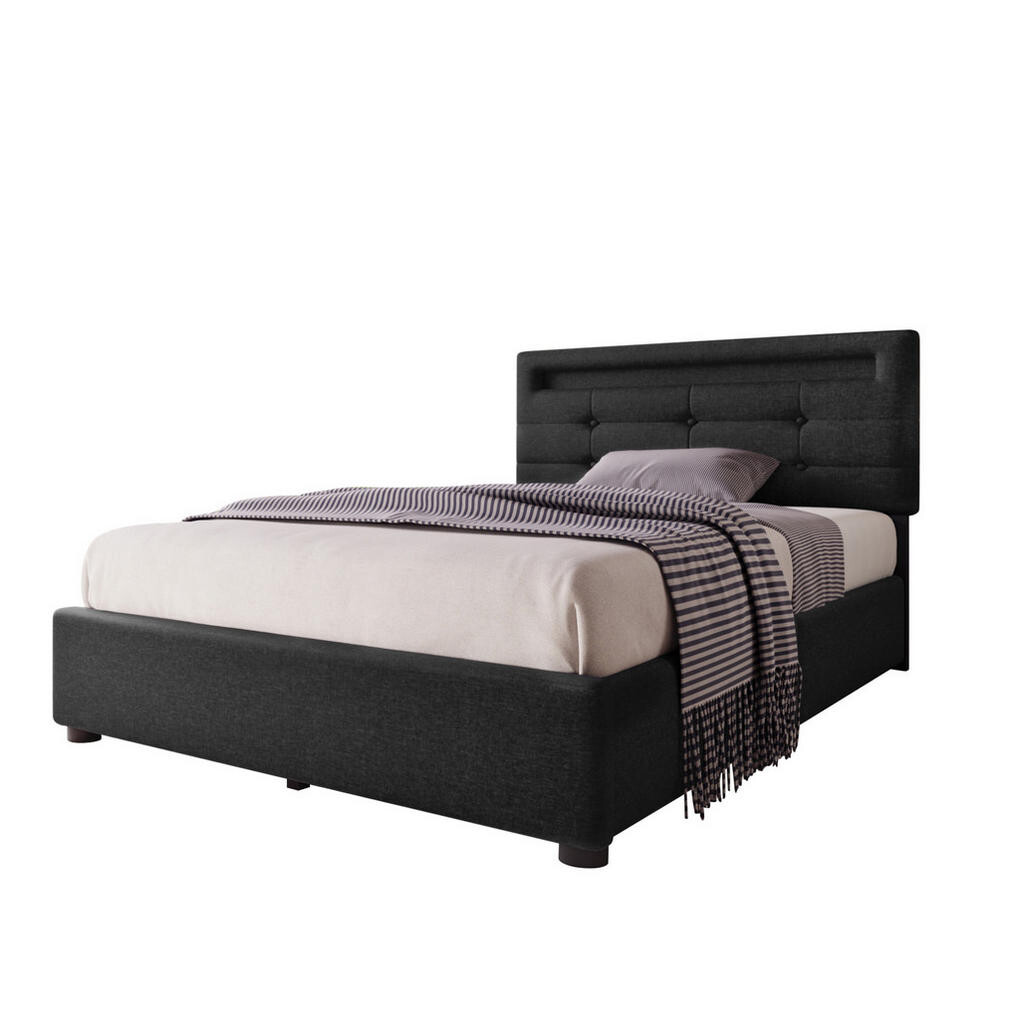 OKWISH ČALOUNĚNÁ postel 90/200 cm černá z lněné tkaniny s LED osvětlením a 2 zásuvkami