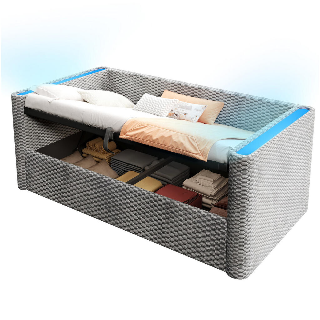 OKWISH POSTEL 90/200 cm šedá ze sametu s LED osvětlením a úložným prostorem