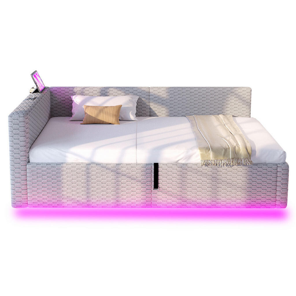 Redom ČALOUNĚNÁ postel 90/200 cm s LED osvětlením, USB a USB-C porty, hydraulickým úložným prostorem, Šedá