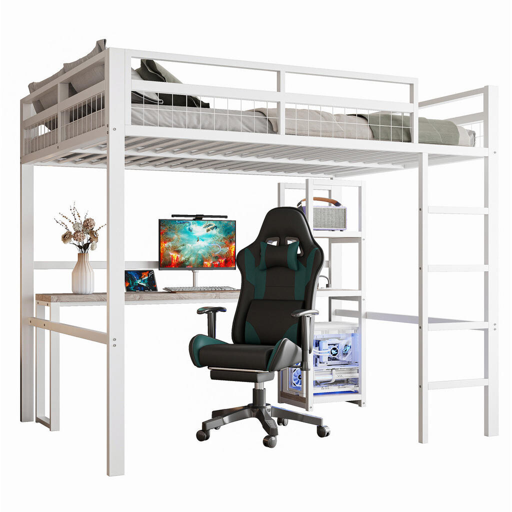 Redom VYSOKÁ postel 140/200 cm s psacím stolem, regály, zásuvkami USB a Type-C, zábradlím a schůdky, Bílá