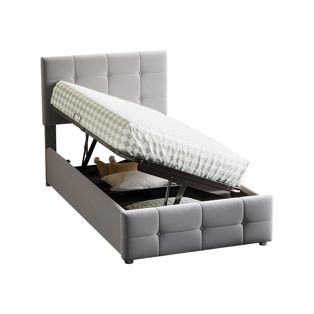 OKWISH DĚTSKÁ čalouněná postel 90/200 cm šedá ze sametu s hydraulickým úložným prostorem a nastavitelným čelem