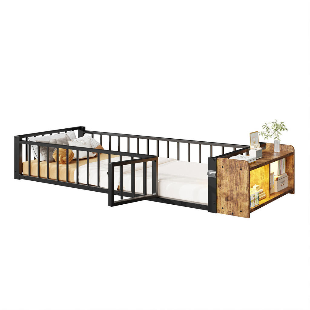 OKWISH DĚTSKÁ postel 90/200 cm černá z kovu a MDF se zábradlím, úložným prostorem a LED osvětlením