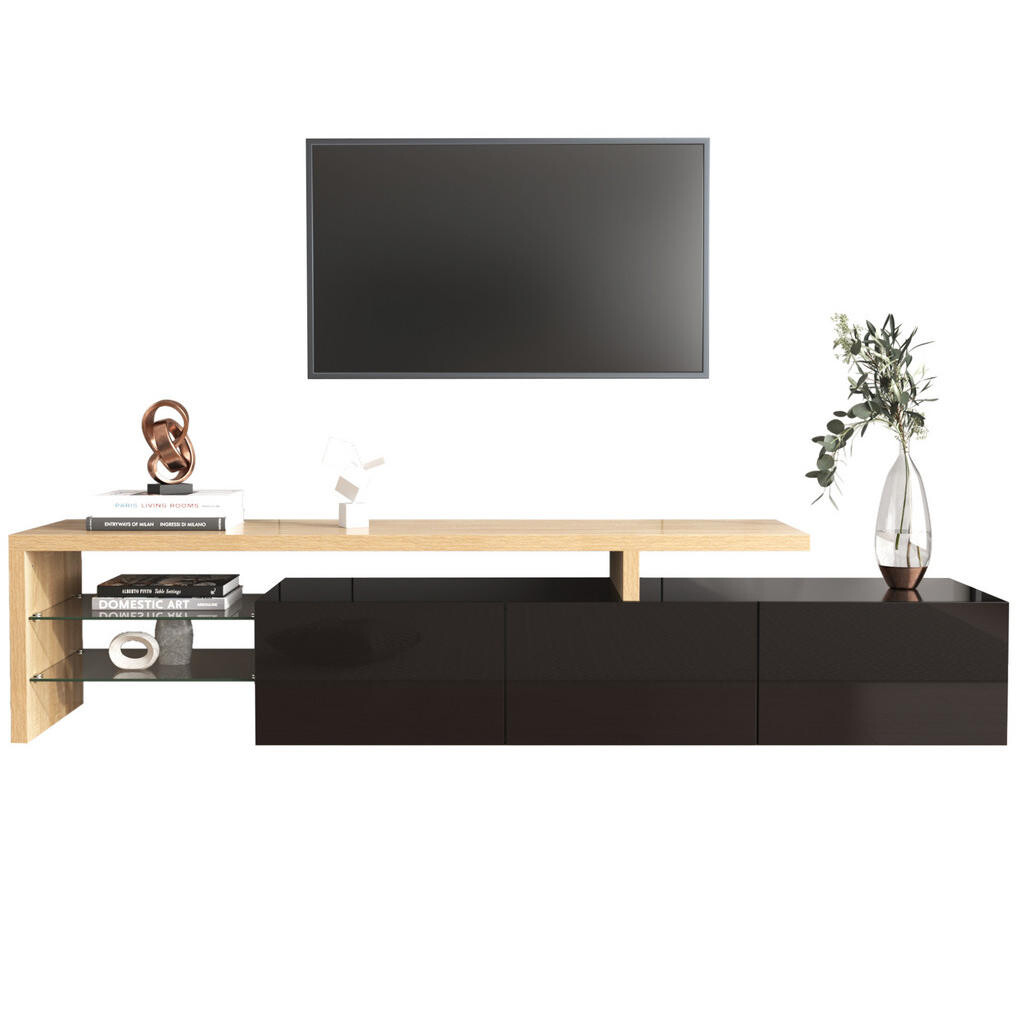 Redom TV stolek 197,5/39/42 cm s LED osvětlením, skleněnými policemi a úložným prostorem, Přírodní a černá