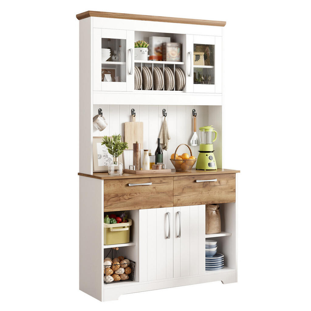 Redom BUFFET 106/39/176,5 cm s úložným prostorem, vitrínovými policemi, zásuvkami a háčky, Bílá a přírodní