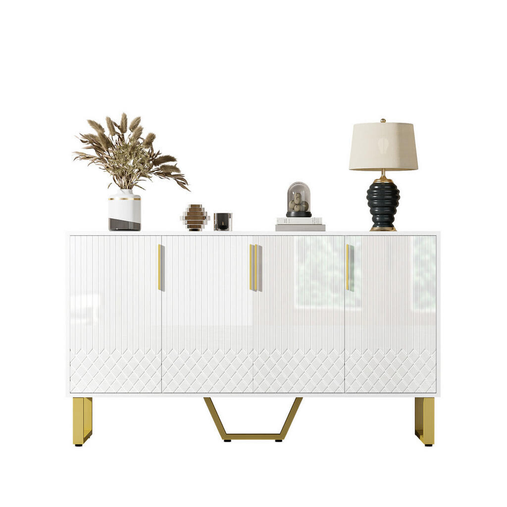 OKWISH BOČNÍ skříň 140/40/80 cm bílá z MDF s geometrickým vzorem, kovovými nohami a tichým dovíráním