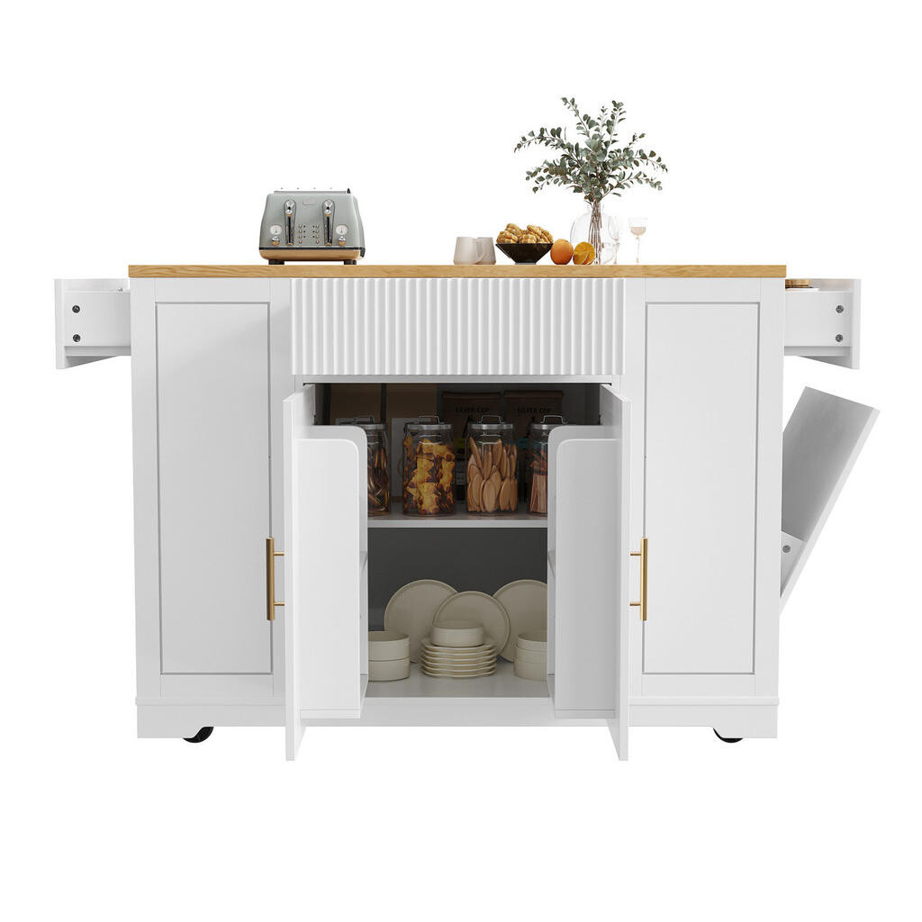 OKWISH KUCHYŇSKÝ ostrůvek 120/50/92 cm bílý z MDF a kovu s kolečky a prostorem na odpad