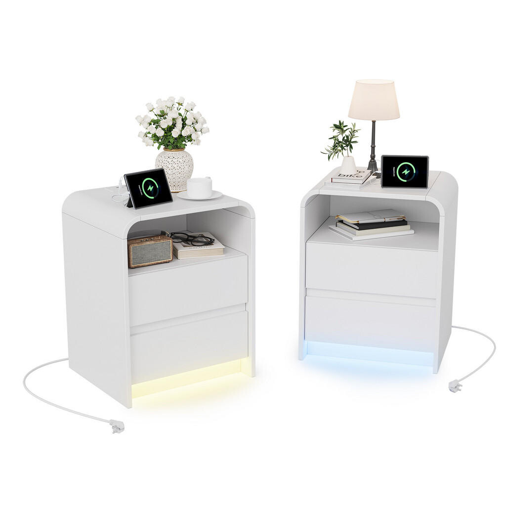 SHOPENTRA SADA 2 nočních stolků, bílý, RGB LED, funkce nabíjení přes USB se zásuvkami, moderní