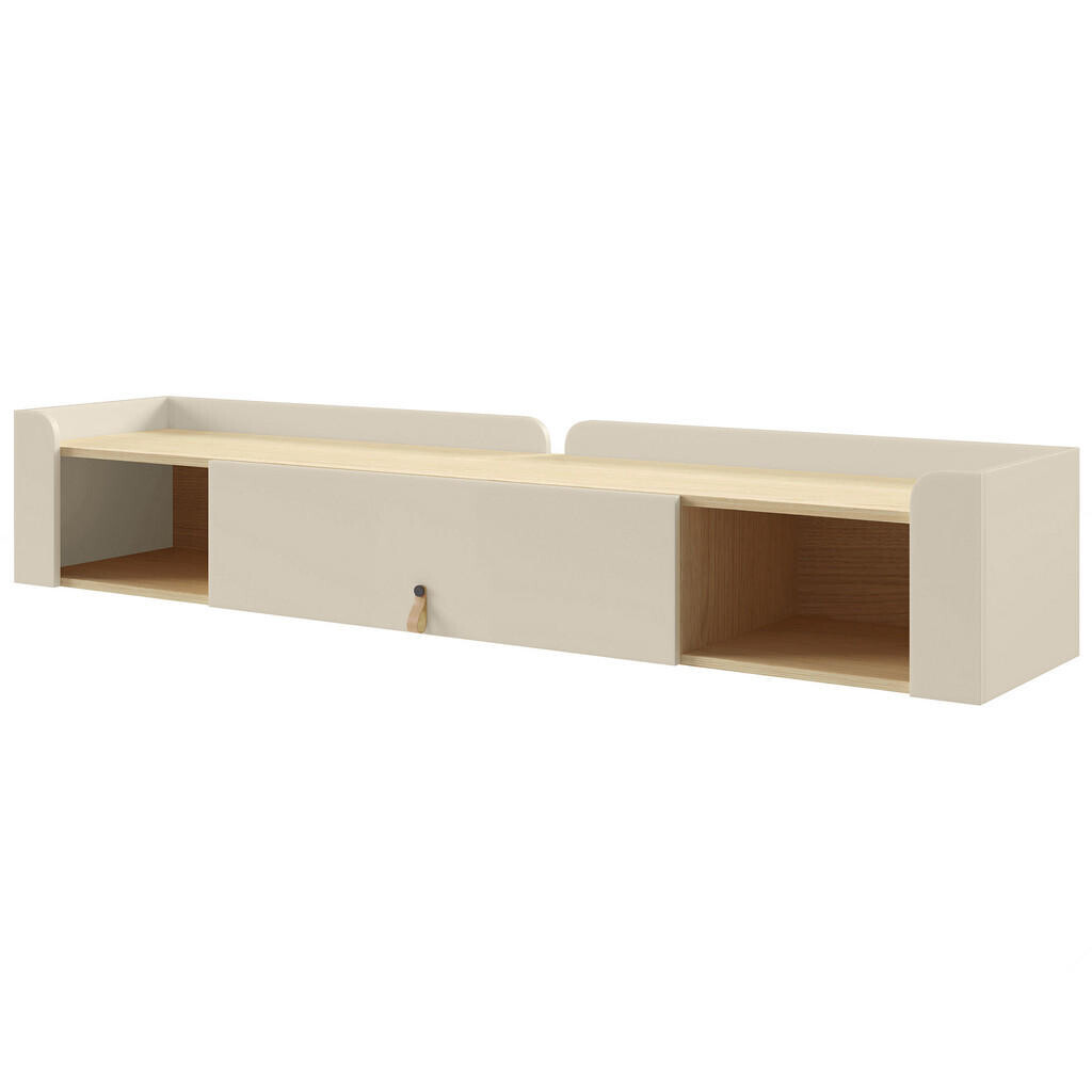 Beautysofa NÁSTĚNNÝ REGÁL Sorella s výklopnými dvířky a 2 otevřenými policemi, 180 cm, macadamia + dub Mavelie