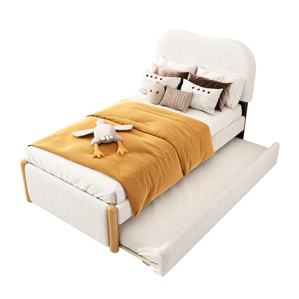 OKWISH ČALOUNĚNÁ postel 90/200 cm bílá z plyše s výsuvným lůžkem
