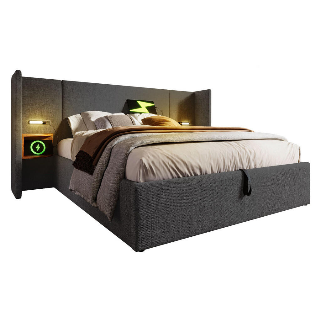 Redom ČALOUNĚNÁ postel 160/200 cm s LED čtecí lampou, USB a Type-C nabíjením, hydraulickým úložným prostorem a policí, Šedá