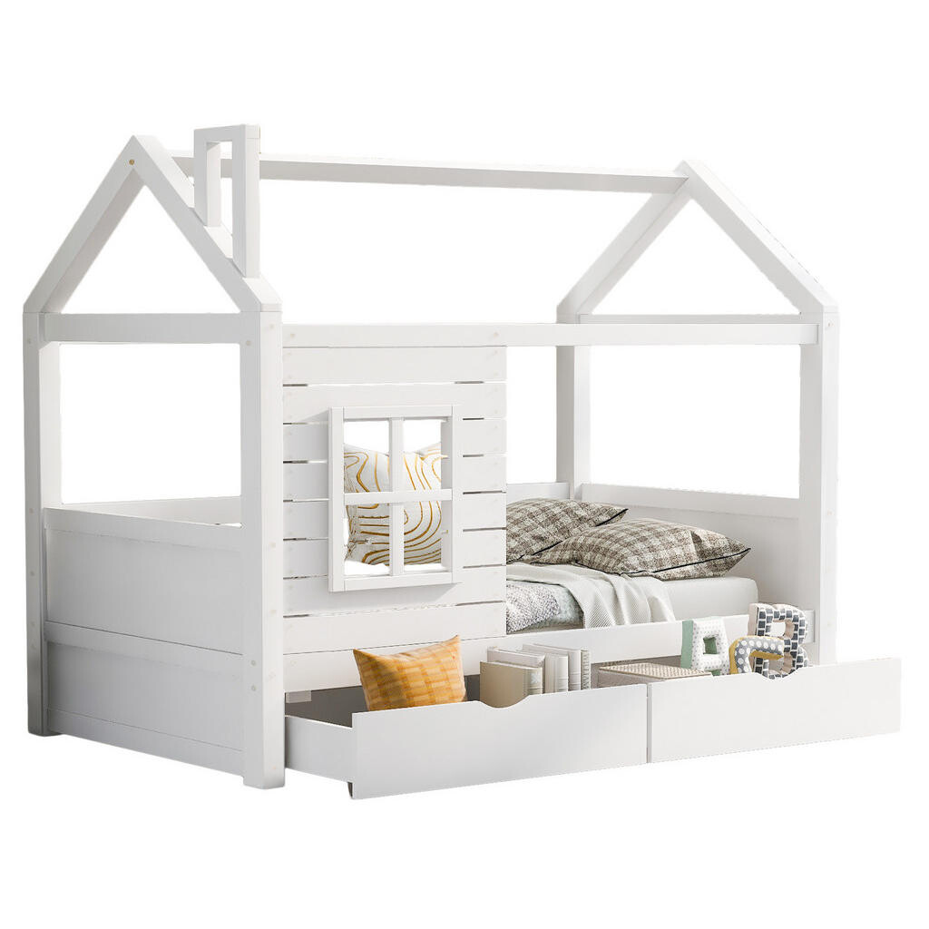 OKWISH DĚTSKÁ postel domeček 90/200 cm bílá z borovice se zábranou, okny a úložnými zásuvkami