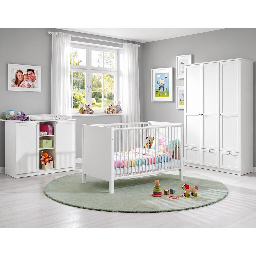 luma-home 3DÍLNÁ SADA do dětského pokoje: dětská postýlka, přebalovací komoda a třídveřová skříň se zásuvkami, 135 × 200 × 58 cm (Š×V×H), bílá / 22804