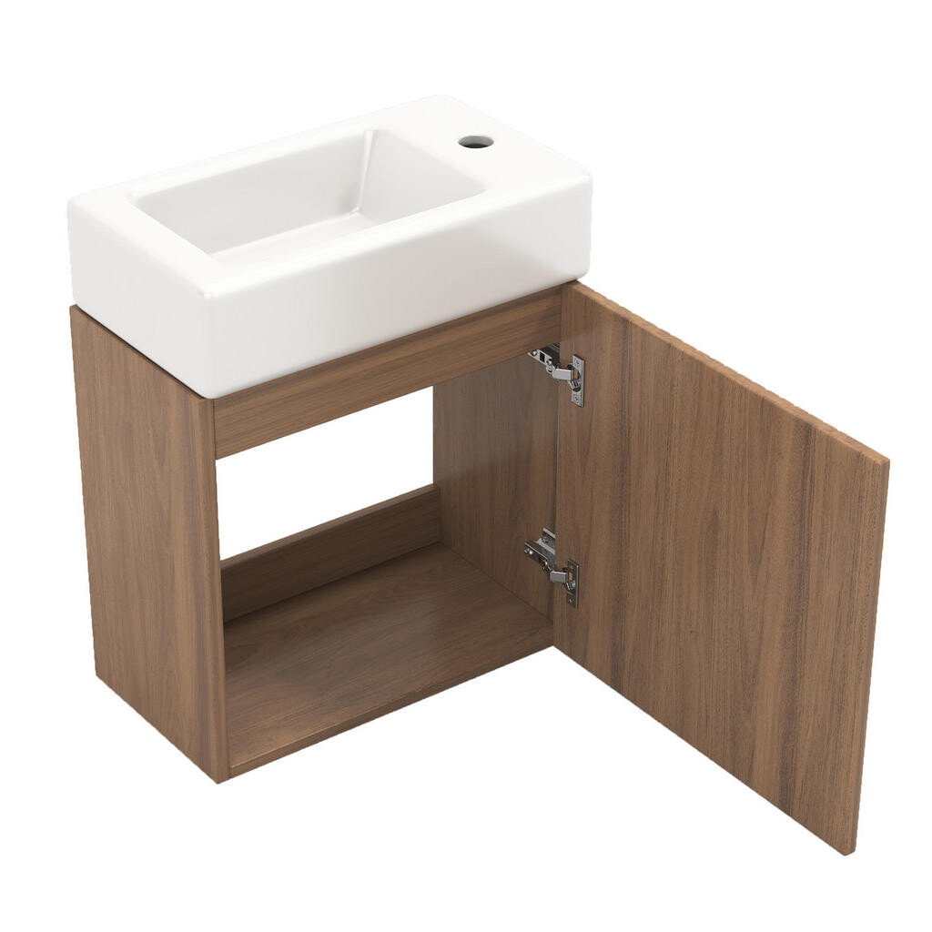 OKWISH ZÁVĚSNÁ koupelnová skříňka s umyvadlem 46 cm v přírodním dekoru z MDF s keramickým dřezem