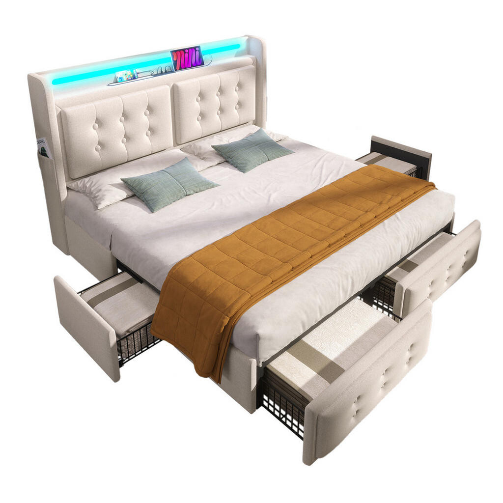 FLIEKS ČALOUNĚNÁ POSTEL 160x200 Béžová LED USB-C 4 Zásuvky