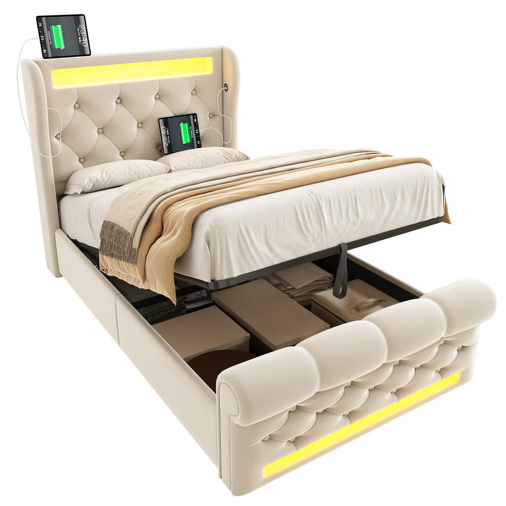 FLIEKS ČALOUNĚNÁ POSTEL 90x200 Béžová Samet LED USB-C