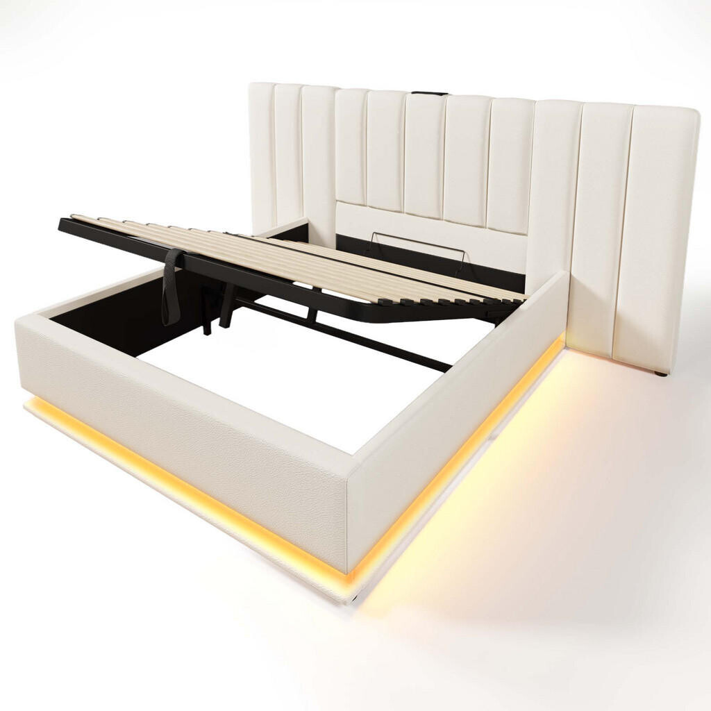 WISHDOR ČALOUNĚNÁ POSTEL 180/200 cm bílá s úložným prostorem, LED osvětlením a USB portem