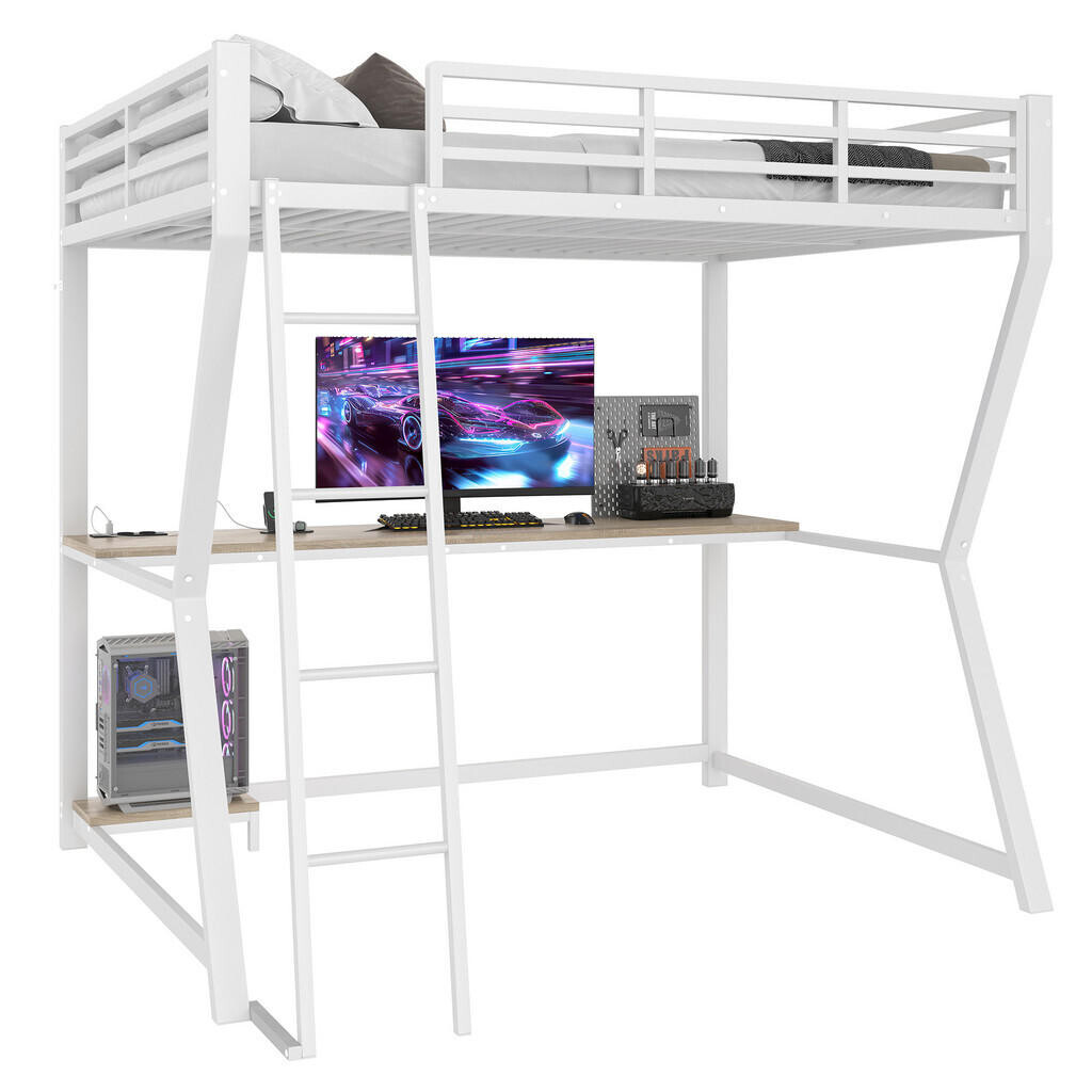 FLIEKS VYVÝŠENÁ POSTEL 140x200cm LED PC Stůl USB Bílá