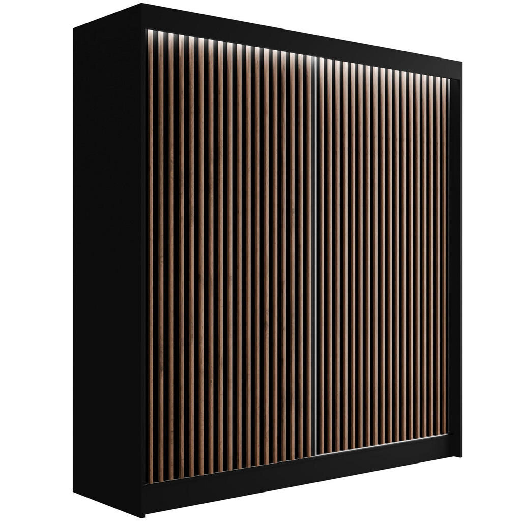 ALTDECOR ŠATNÍ SKŘÍŇ s LED, lamelové posuvné dveře VILANv2 – 200 cm černá + lamely dub wotan