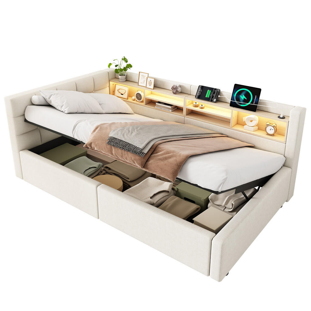 FLIEKS DENNÍ POSTEL 90x200cm Pohovka Úložná LED USB Béžová