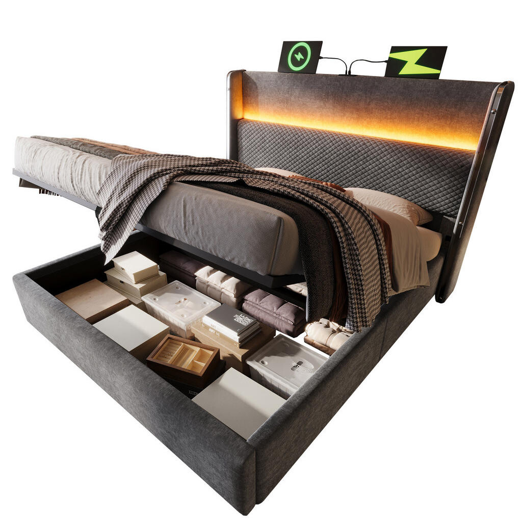 Redom ČALOUNĚNÁ postel 140/200 cm s LED osvětlením, USB a USB-C portem, hydraulickým úložným prostorem, Šedá