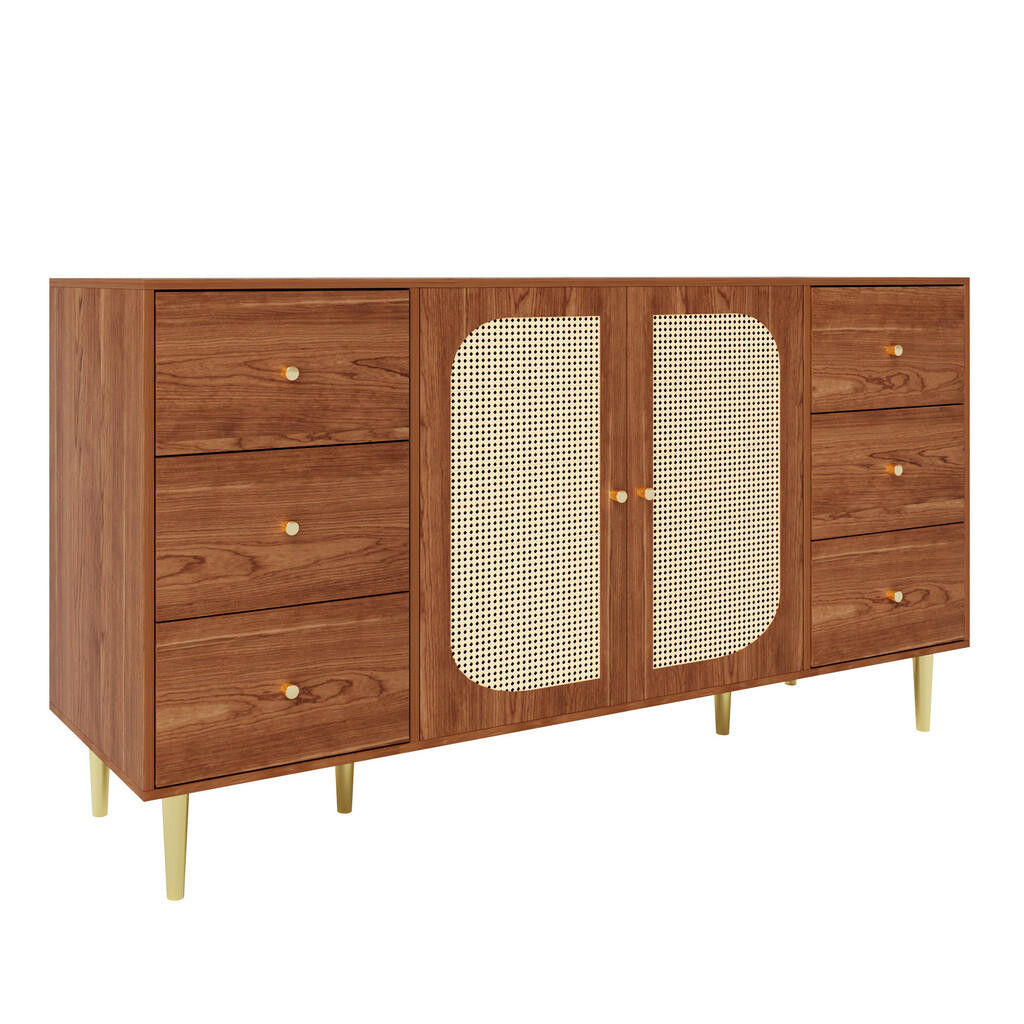 Urban Meuble SIDEBOARD 160 cm dekor dřevo a ratan komoda se 6 zásuvkami a 2 dvířky