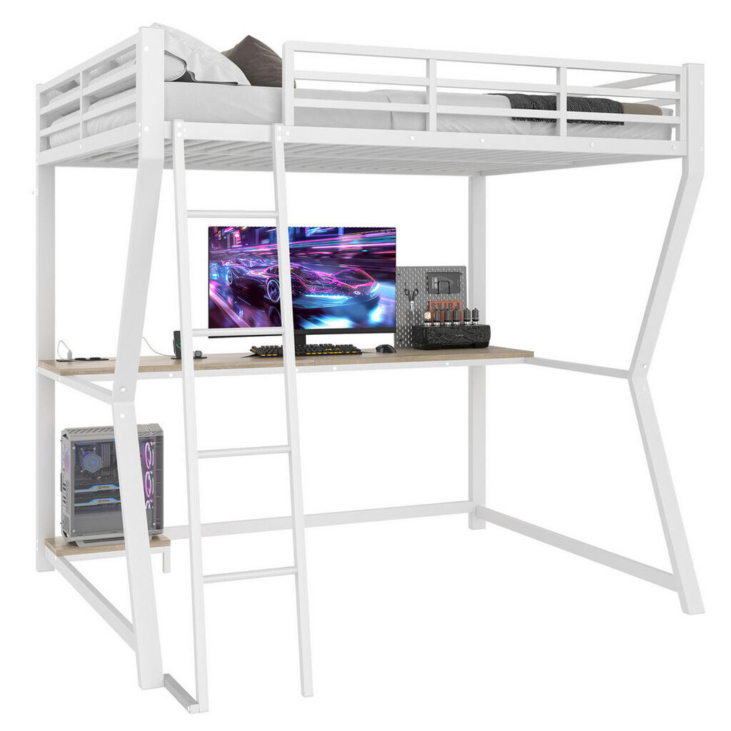 OKWISH PATROVÁ postel 140/200 cm bílá s LED osvětlením a psacím stolem