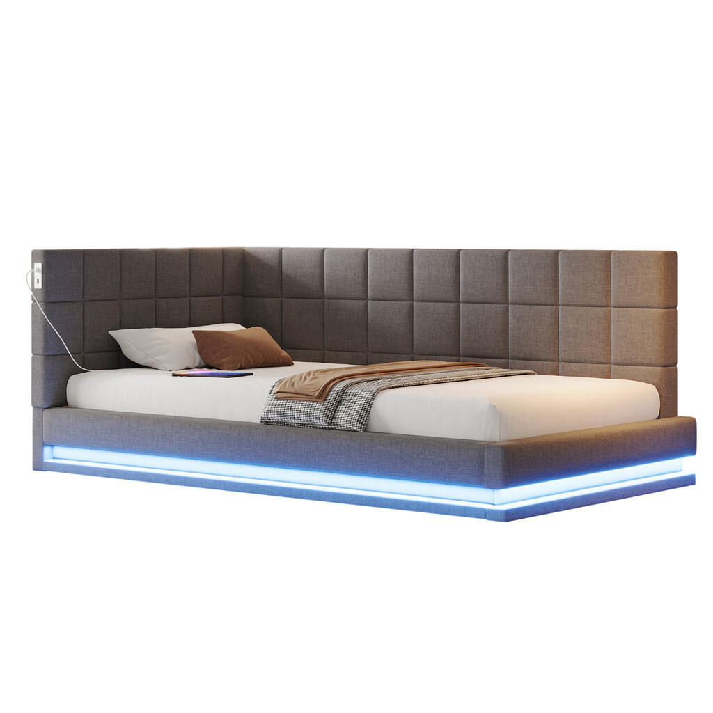 OKWISH ČALOUNĚNÁ postel 90/200 cm šedá z lnu s LED osvětlením, USB a roštem