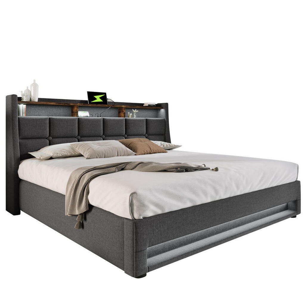 Redom ČALOUNĚNÁ postel 180x200 cm s LED osvětlením, USB portem a úložným prostorem, Šedá/Světle béžová