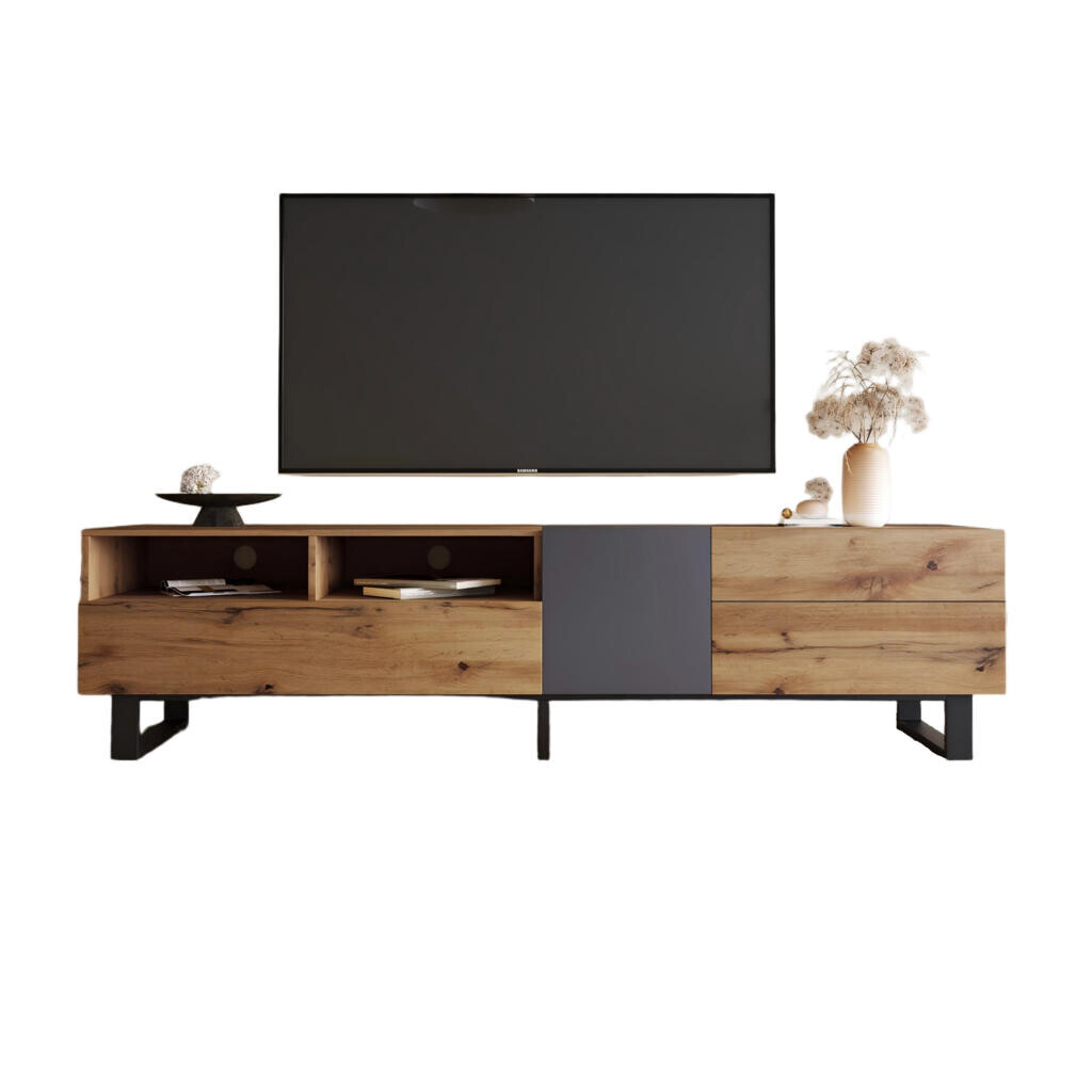 OKWISH TV stolek 180/38/50 cm černý a šedý z MDF s úložným prostorem a push-open