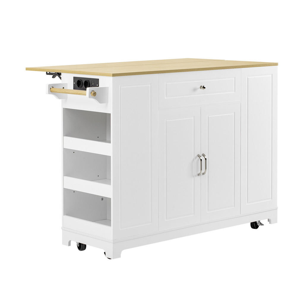 Urban Meuble KUCHYŇSKÝ OSTRŮVEK pojízdný 132 cm, bílá/přírodní, koš