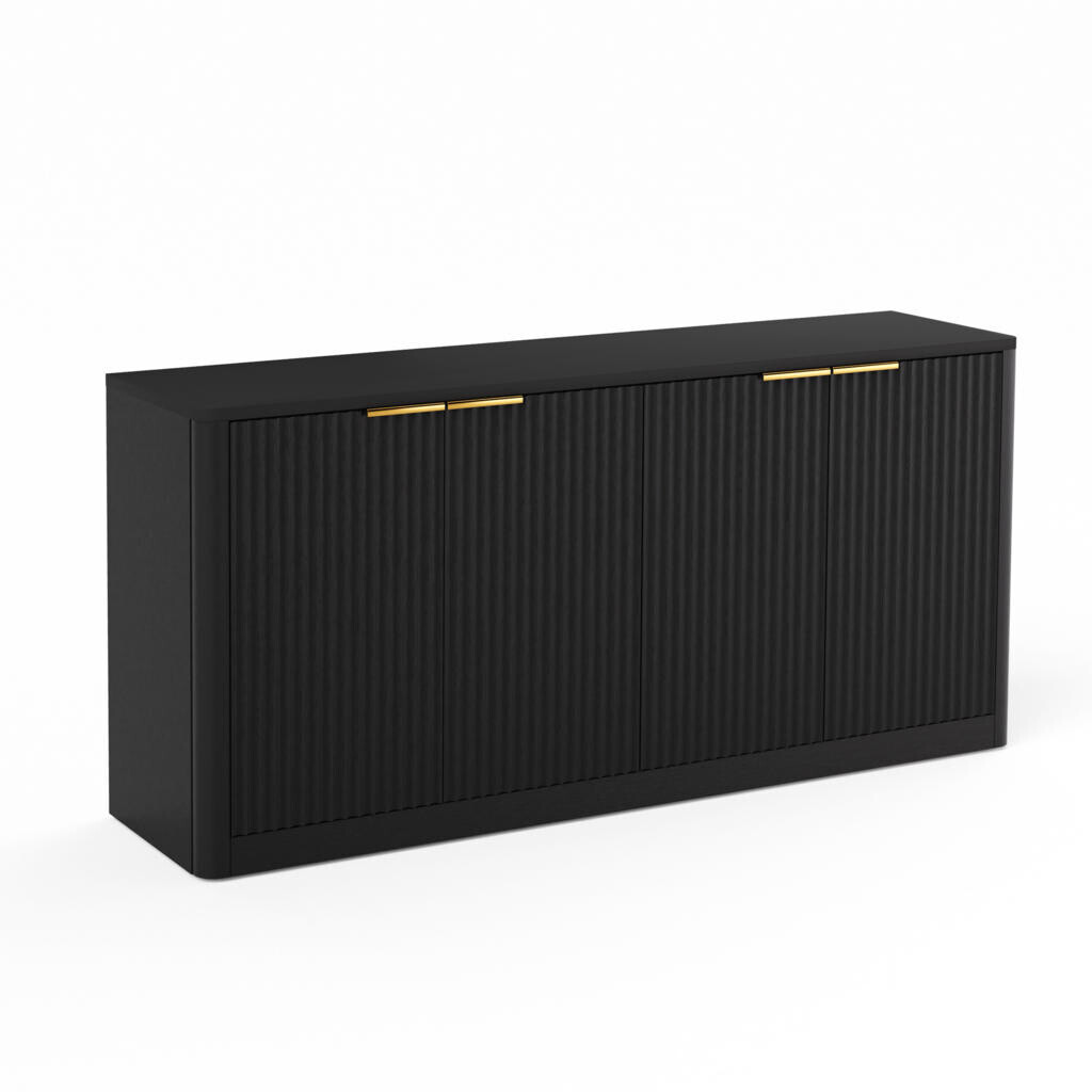 Urban Meuble SIDEBOARD černý a dekor dřeva 150 cm s vlnitým designem a 4 dvířky