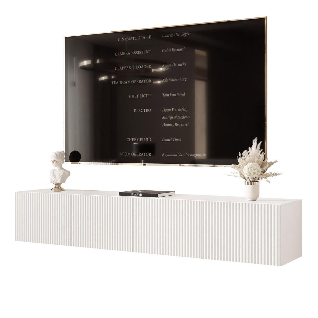 Idohome ZÁVĚSNÁ RTV skříňka ANGEL RÝHOVANÁ 200 cm s LED osvětlením BÍLÁ