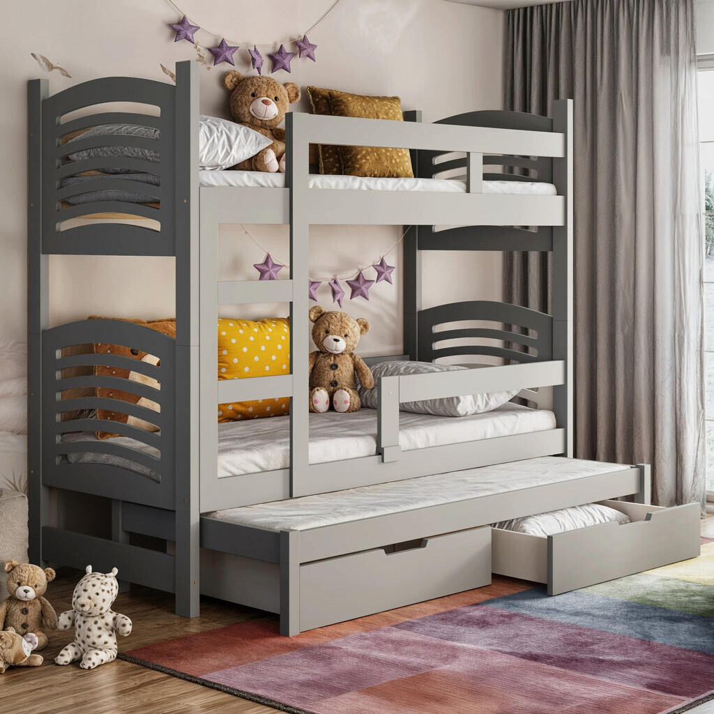 Selsey PATROVÁ postel pro 3 osoby s matracemi Cami, šedá, 75x180 cm