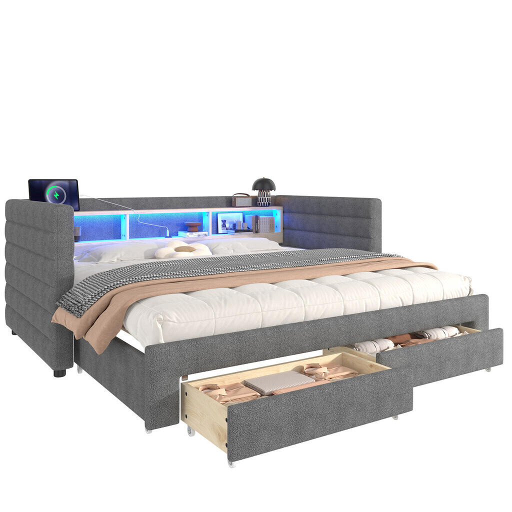 Redom ČALOUNĚNÁ postel 90/190 cm s LED osvětlením, USB a USB-C porty, dvěma zásuvkami a úložným prostorem, Samet, Šedá