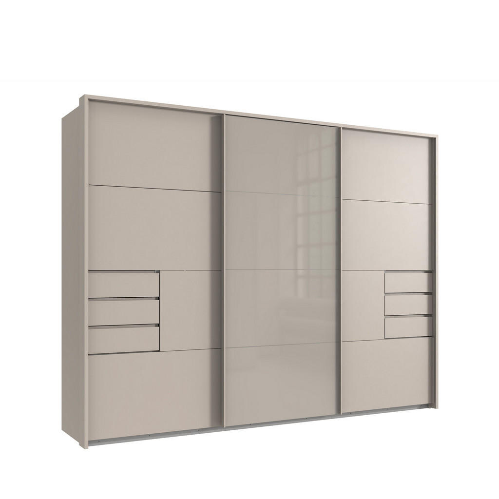 luma-home SKŘÍŇ S VZPŘÍMENÝMI DVEŘMI, 273 × 64 × 213 cm (Š×H×V), 3dveřová, pasparta, zásuvky, béžově šedá/sklo / 22622