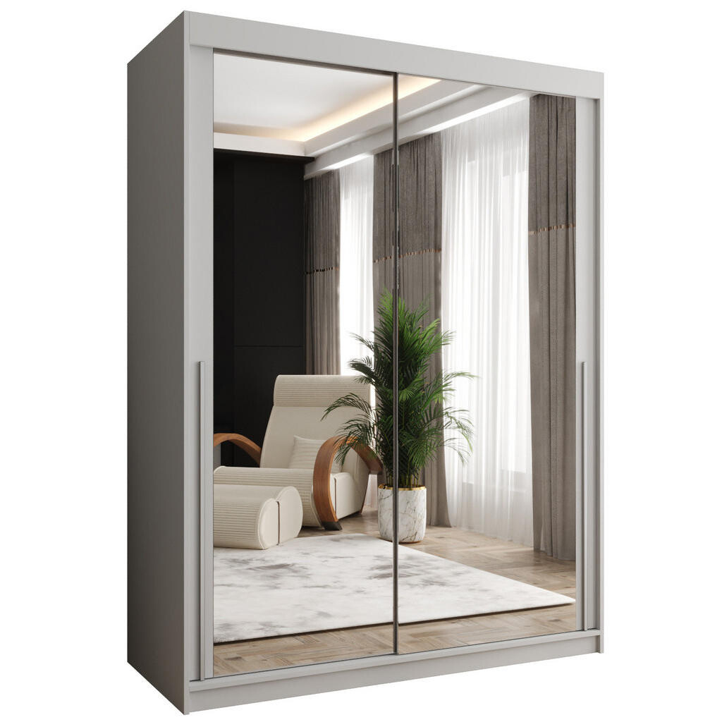 Home Collective ŠATNÍ SKŘÍŇ S POSUVNÝMI DVEŘMI se zrcadlem, šířka 150 cm, bílá se stříbrným madlem