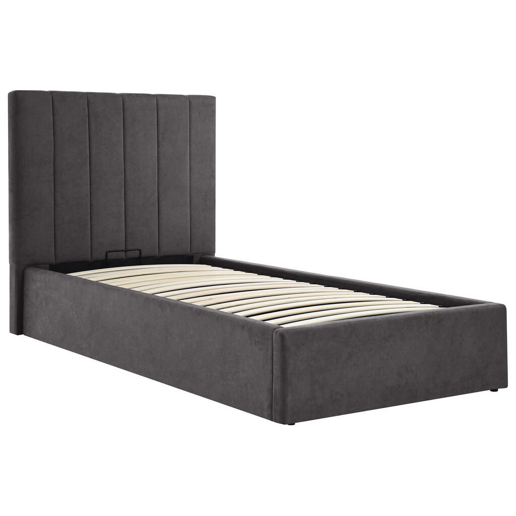 Beautysofa ČALOUNĚNÁ POSTEL Melvio, jednolůžko 90 × 200 cm s úložným prostorem a vysokým prošívaným čelem, bez matrace, tmavě šedá