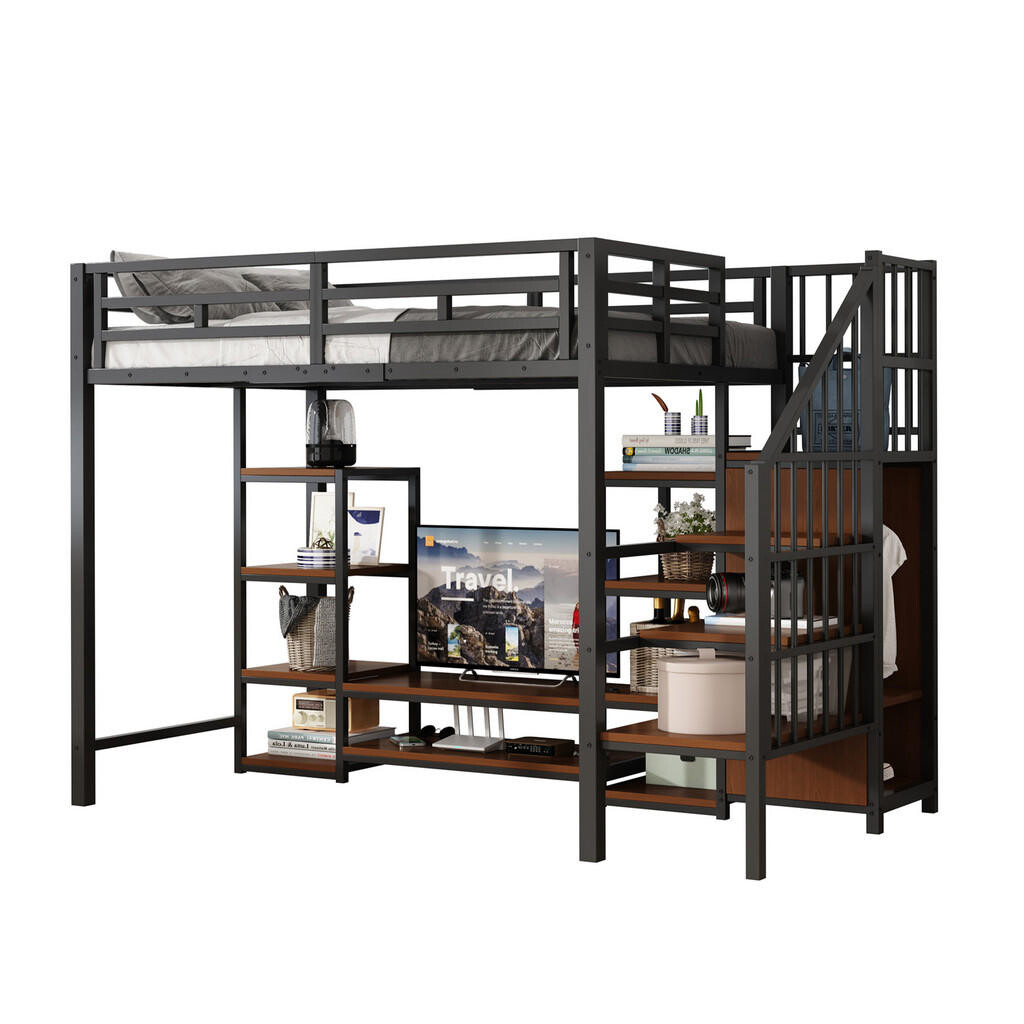 OKWISH PATROVÁ postel 90/200 cm černá s TV stolkem, zásuvkou a bezpečnostním žebříkem