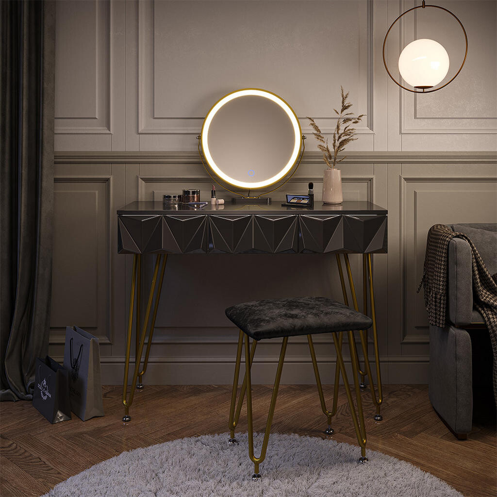 Vicco TOALETNÍ STOLEK Ruby Černá 100 cm s LED zrcadlem a taburetem