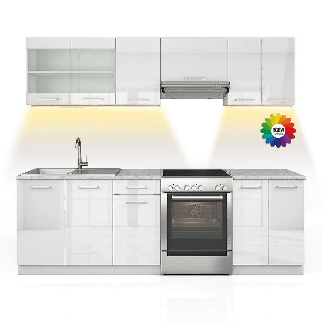 Vicco KUCHYŇSKÁ LINKA R-Line, Bílá vysoký lesk/Bílá, 240 cm s pracovní deskou s páskem LED