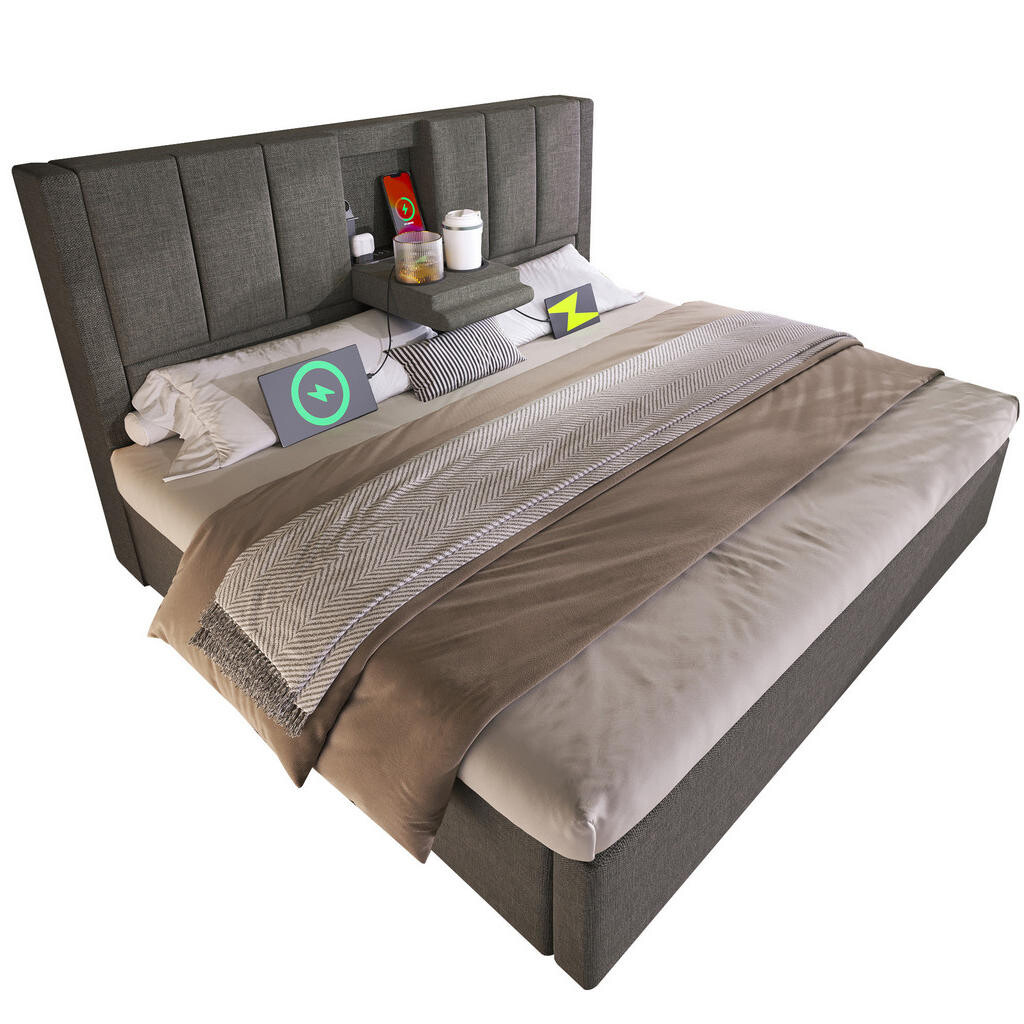OKWISH ČALOUNĚNÁ postel 140/200 cm šedá z lnu s úložným prostorem a nabíjecí stanicí