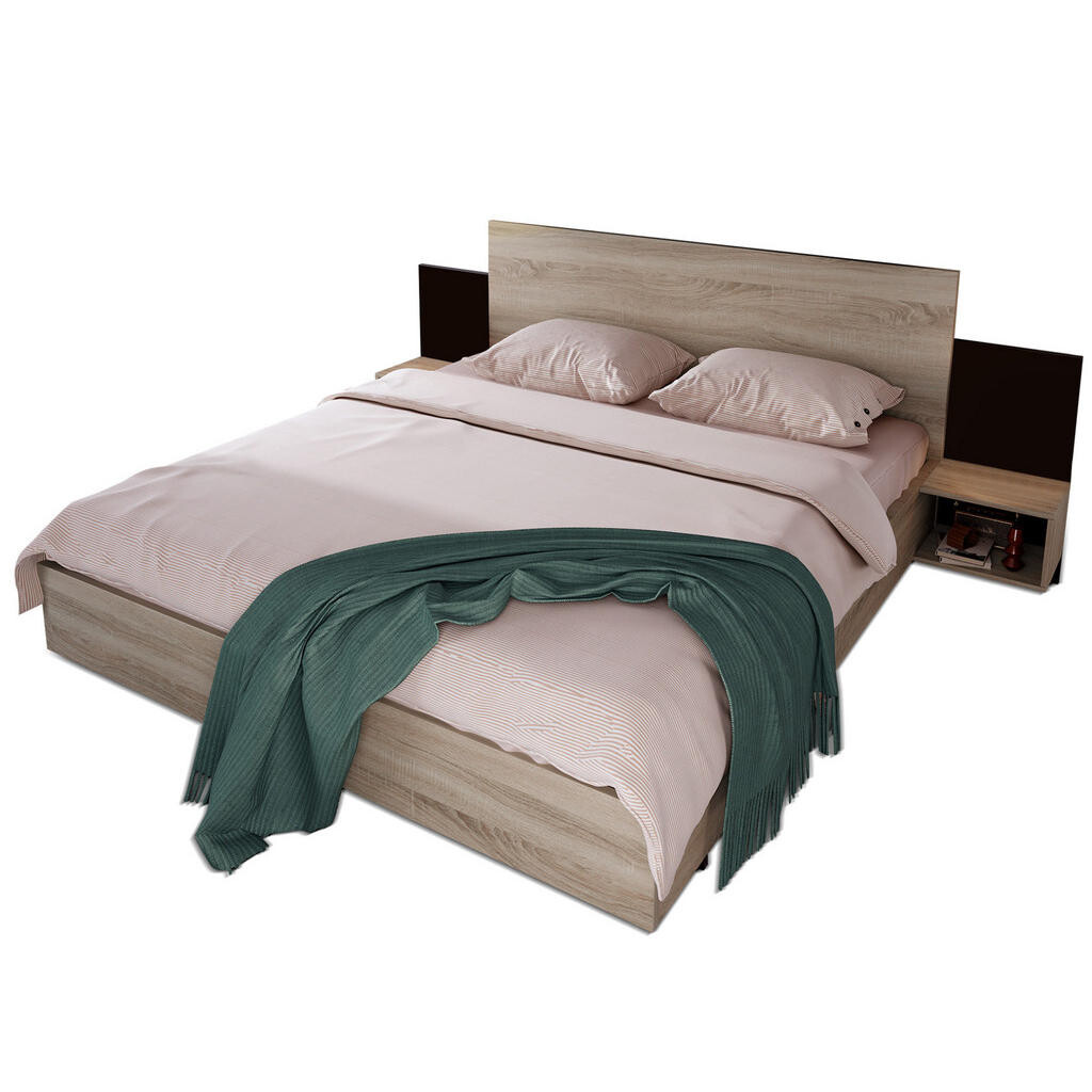 OKWISH DVOULŮŽKO 160/200 cm dub Sonoma a tmavě šedá z masivního dřeva se 2 nočními stolky